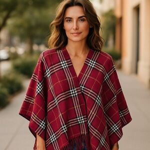NWOT RED PLAID FRINGE lightweight Poncho Cardigan Vest One Size